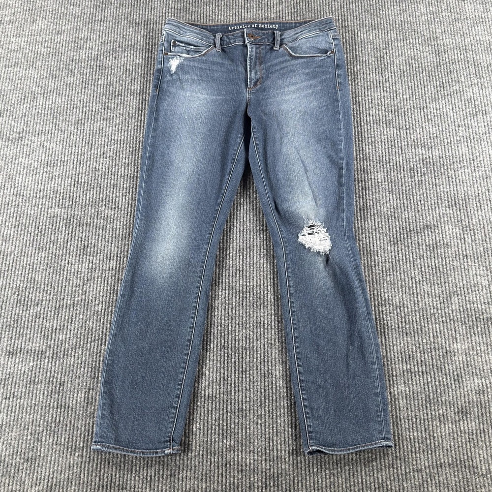Articles Of Society Straight Jeans Womens 30 Blue Wash Mid Rise Distressed